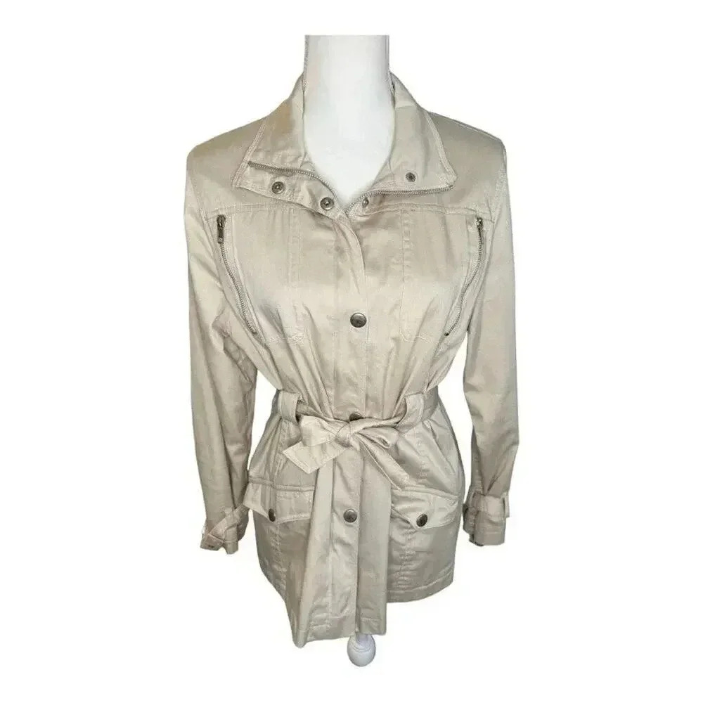 Outer Edge‎ Women’s Medium Tan Belted Trench Style Coat With Buttons & Zipper